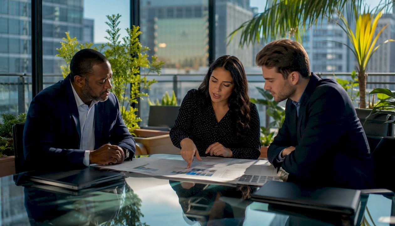 Team discussing printed financial growth analysis