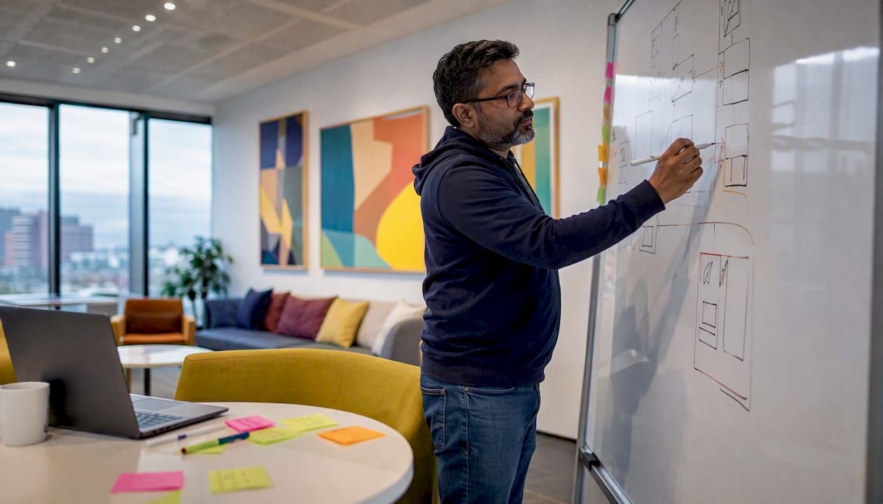 Software architect reviewing modular system