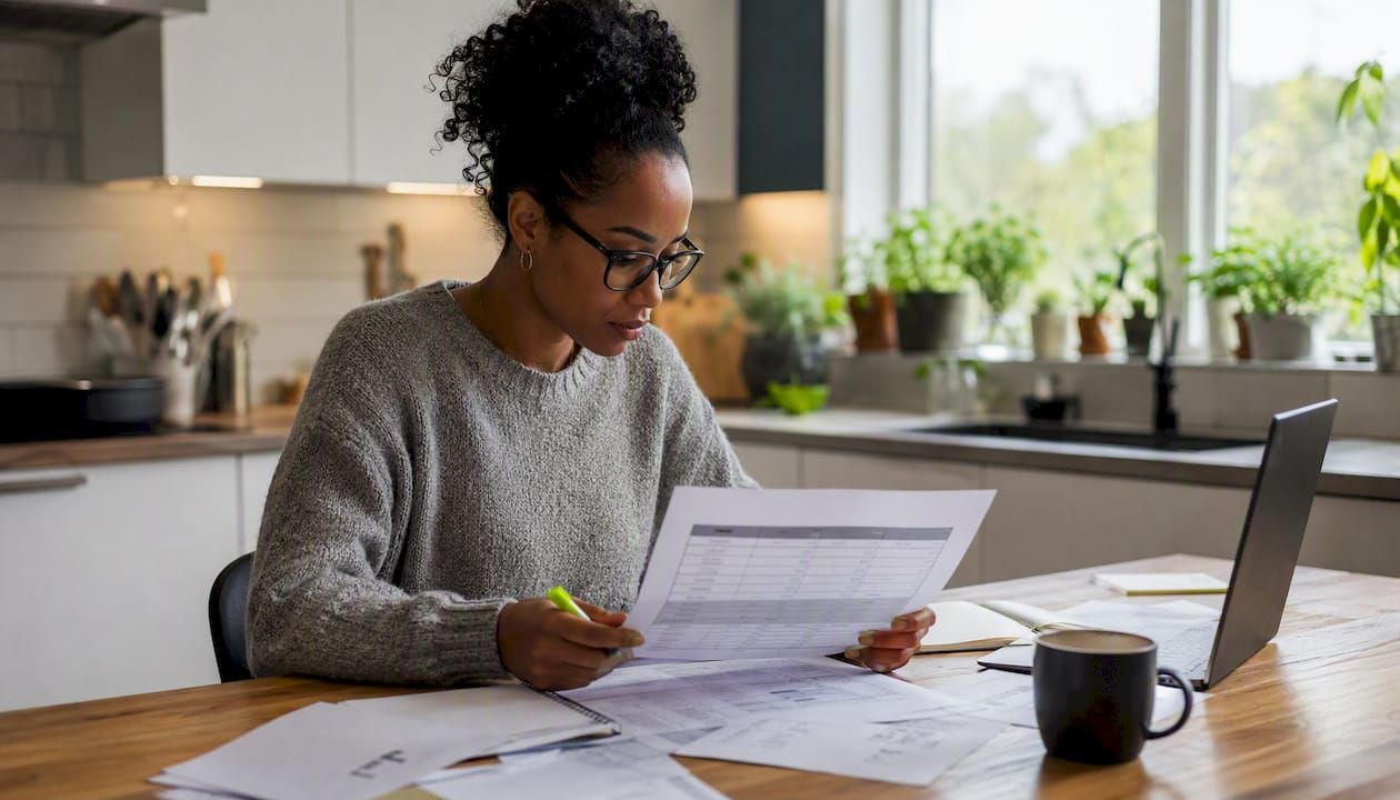 Woman analyzing vendor comparison table at desk