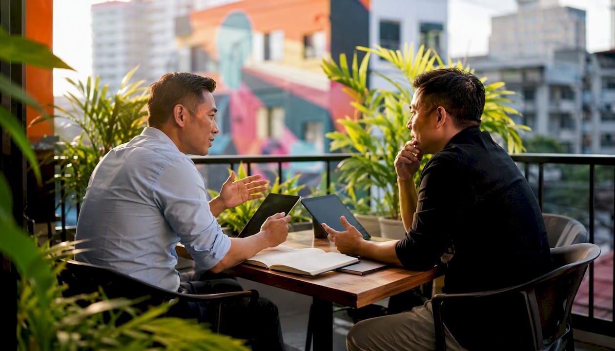 Two men discussing software alternatives in café