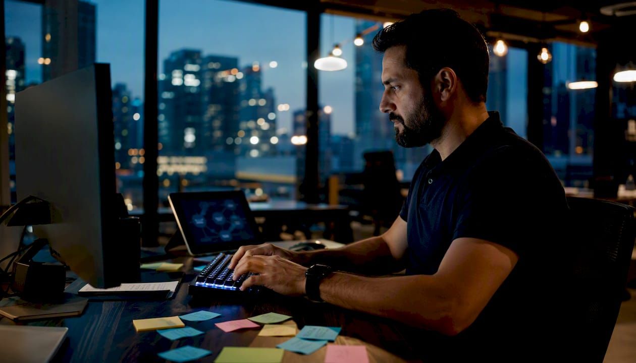 Developer typing bespoke enterprise software code