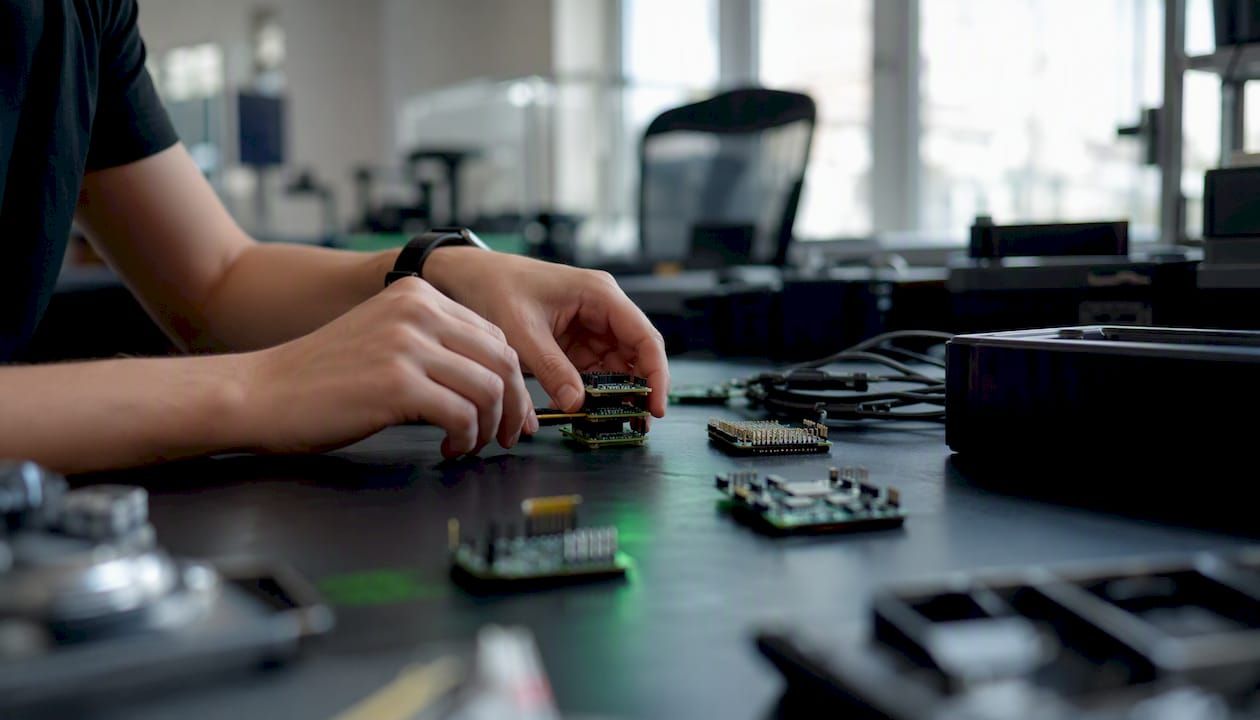 Hands connecting modular AI components