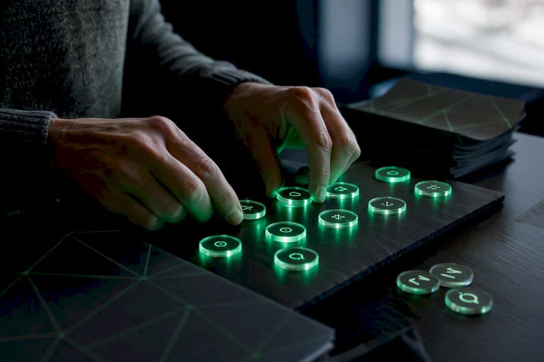 Hands adjusting metadata tokens on dark table