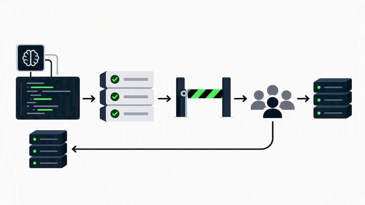 AI code moving through guarded release stages