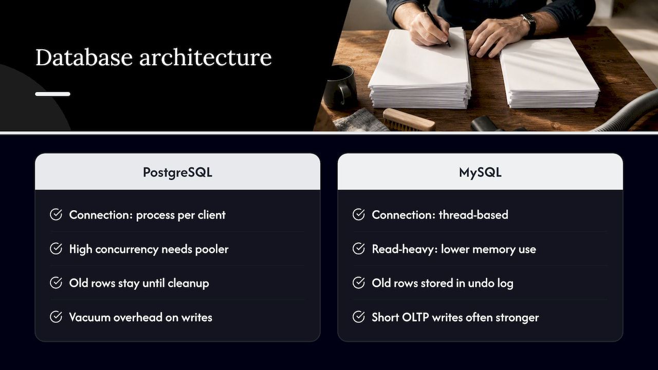 PostgreSQL and MySQL connection models compared