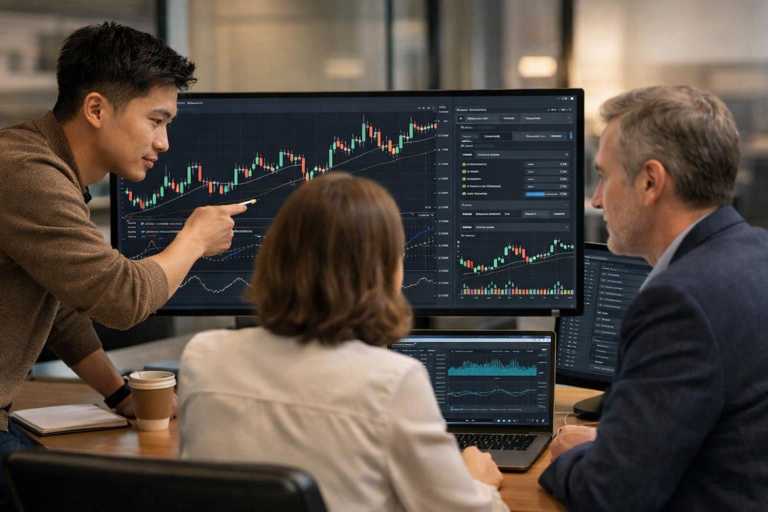 Analyst and colleague reviewing chart-based trading rules for a custom indicator.