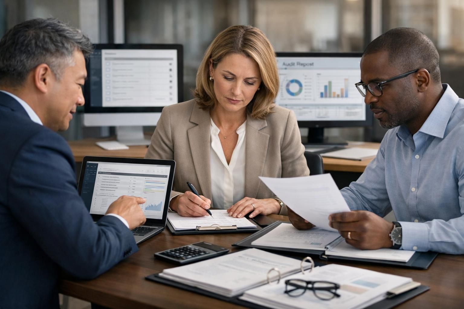 Finance operations staff reviewing access controls and transaction records for audit readiness.