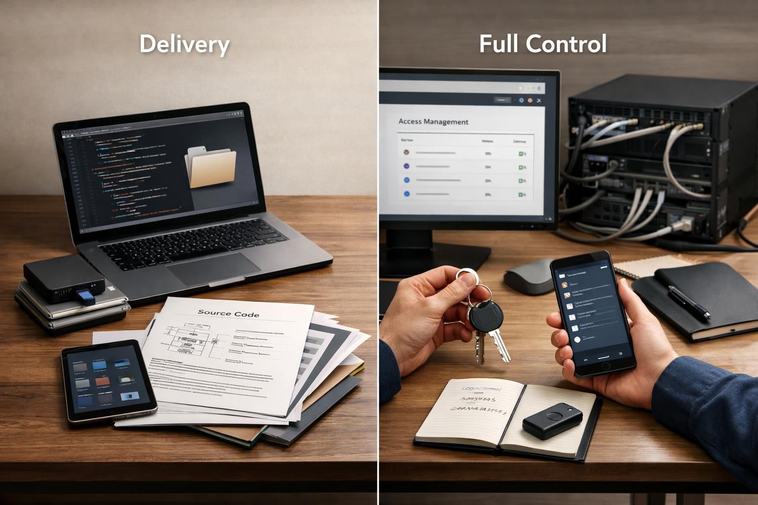 Manager and technical lead comparing delivered assets versus fully handed over project control.