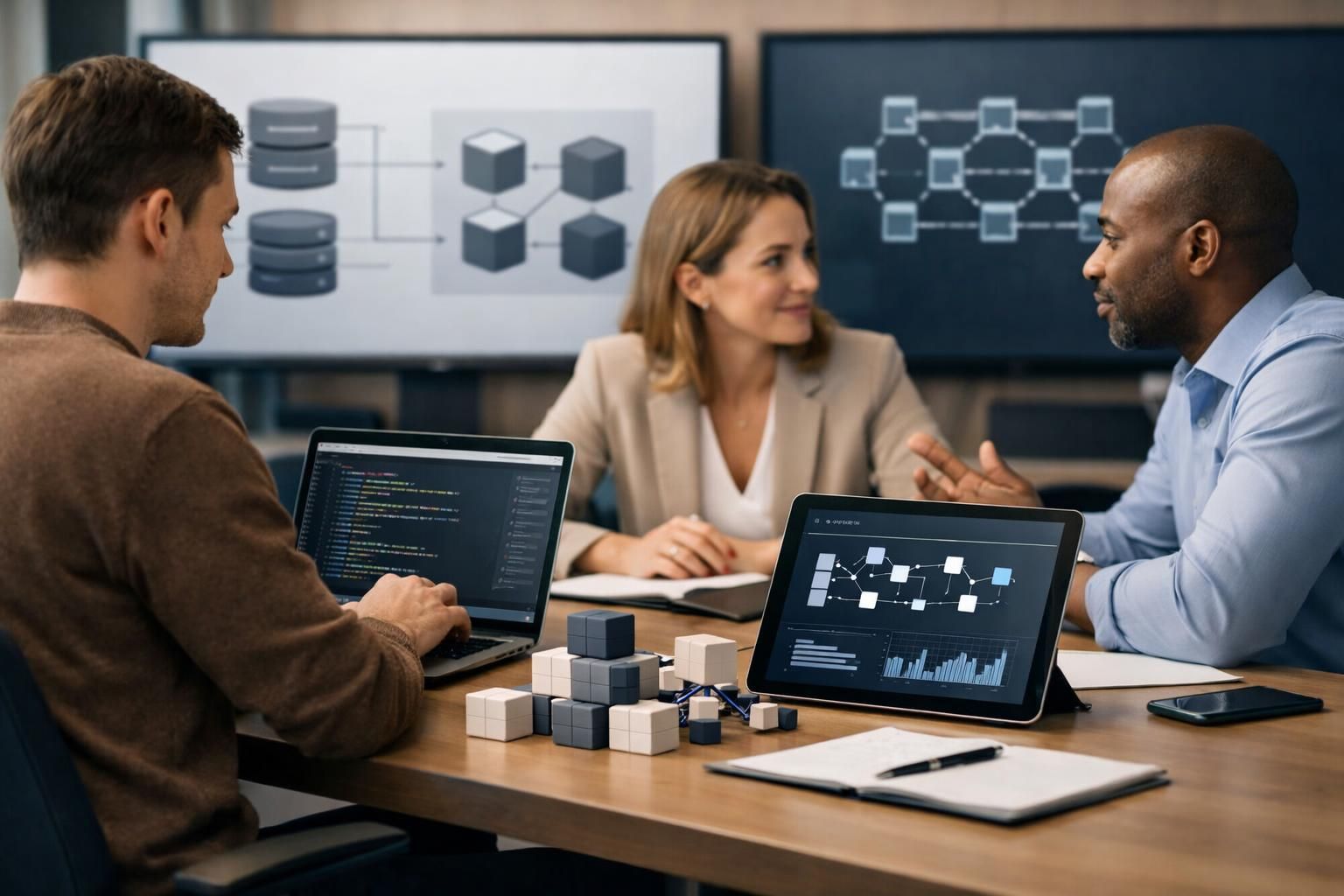 Implementation team working with reusable backend modules before adding blockchain selectively.