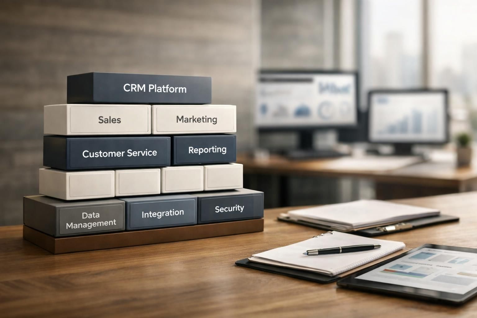 A modular CRM foundation concept shown as connected reusable components.