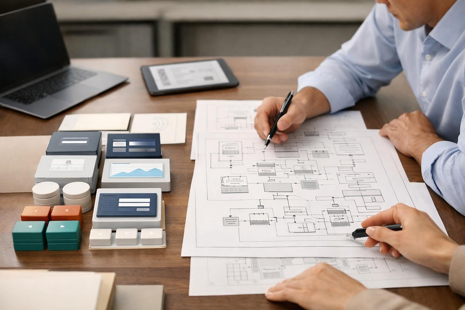 A product and engineering team discussing reusable software modules and system boundaries.