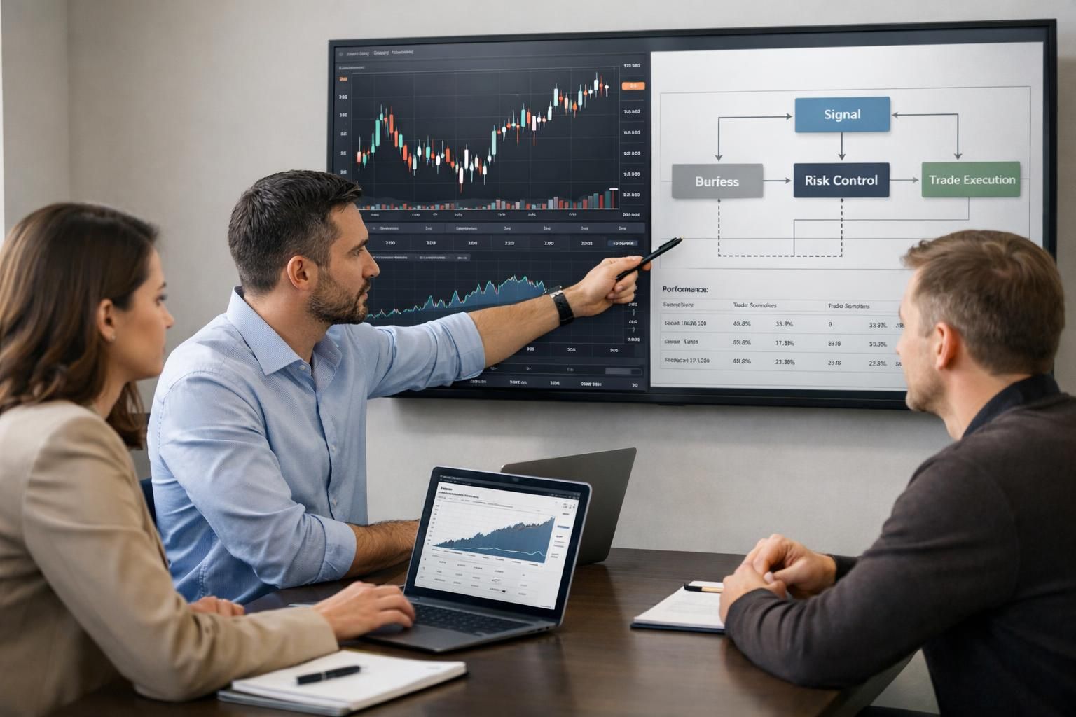 Product lead and engineer reviewing risk controls and execution workflow for automated trading software.