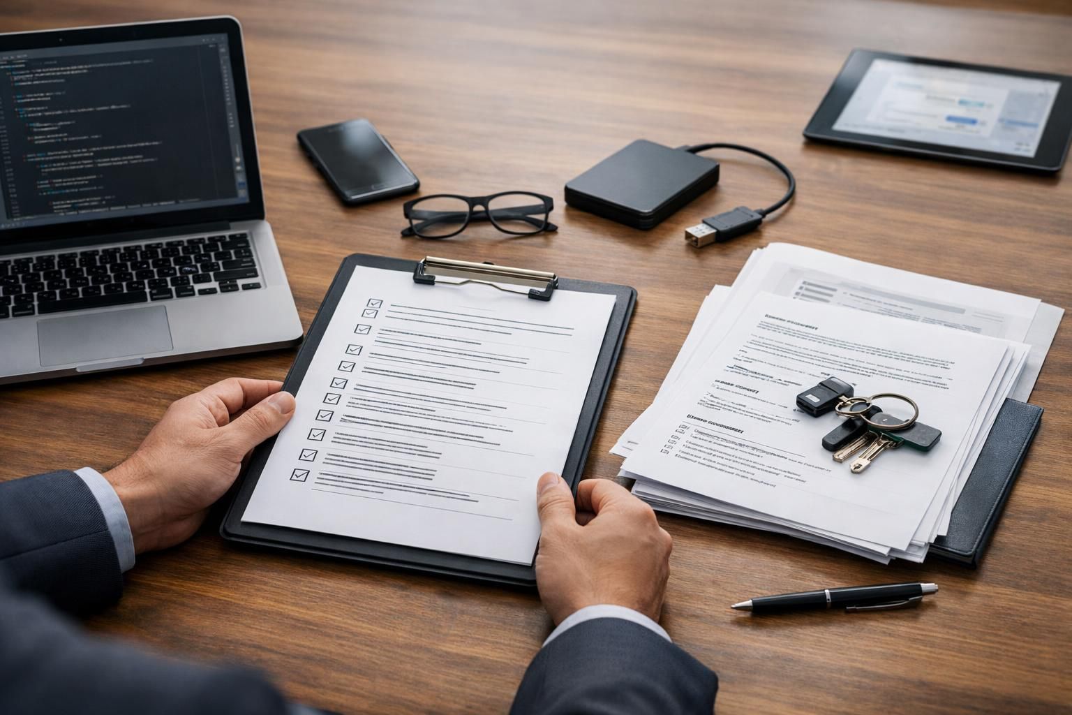 Team reviewing a handover sign-off checklist before approving final payment.