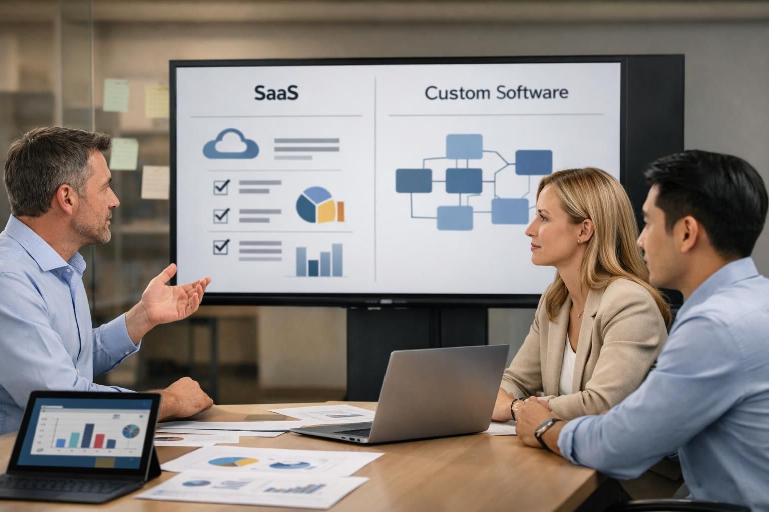 Business stakeholders comparing software options and implementation approaches.