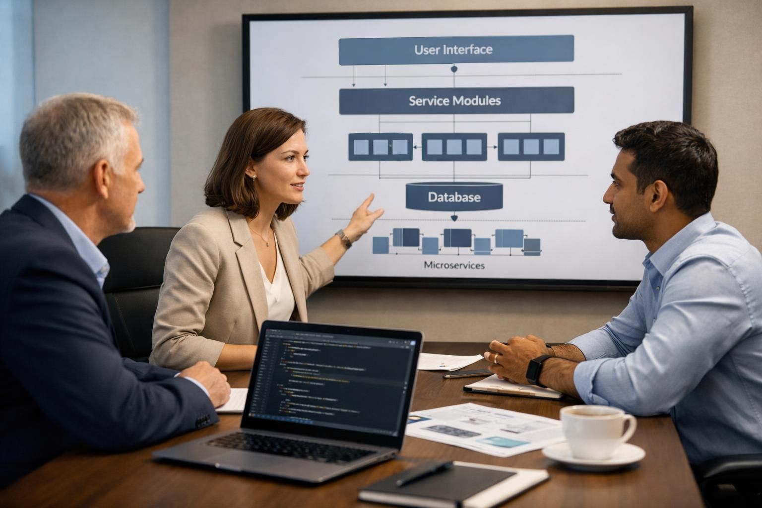 Two professionals discussing a modular Java and Spring application architecture on a whiteboard.
