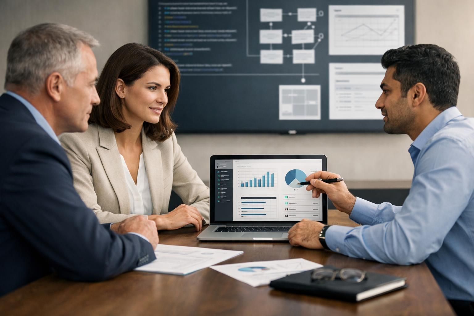 Business leaders reviewing a software vendor evaluation checklist and project plans.