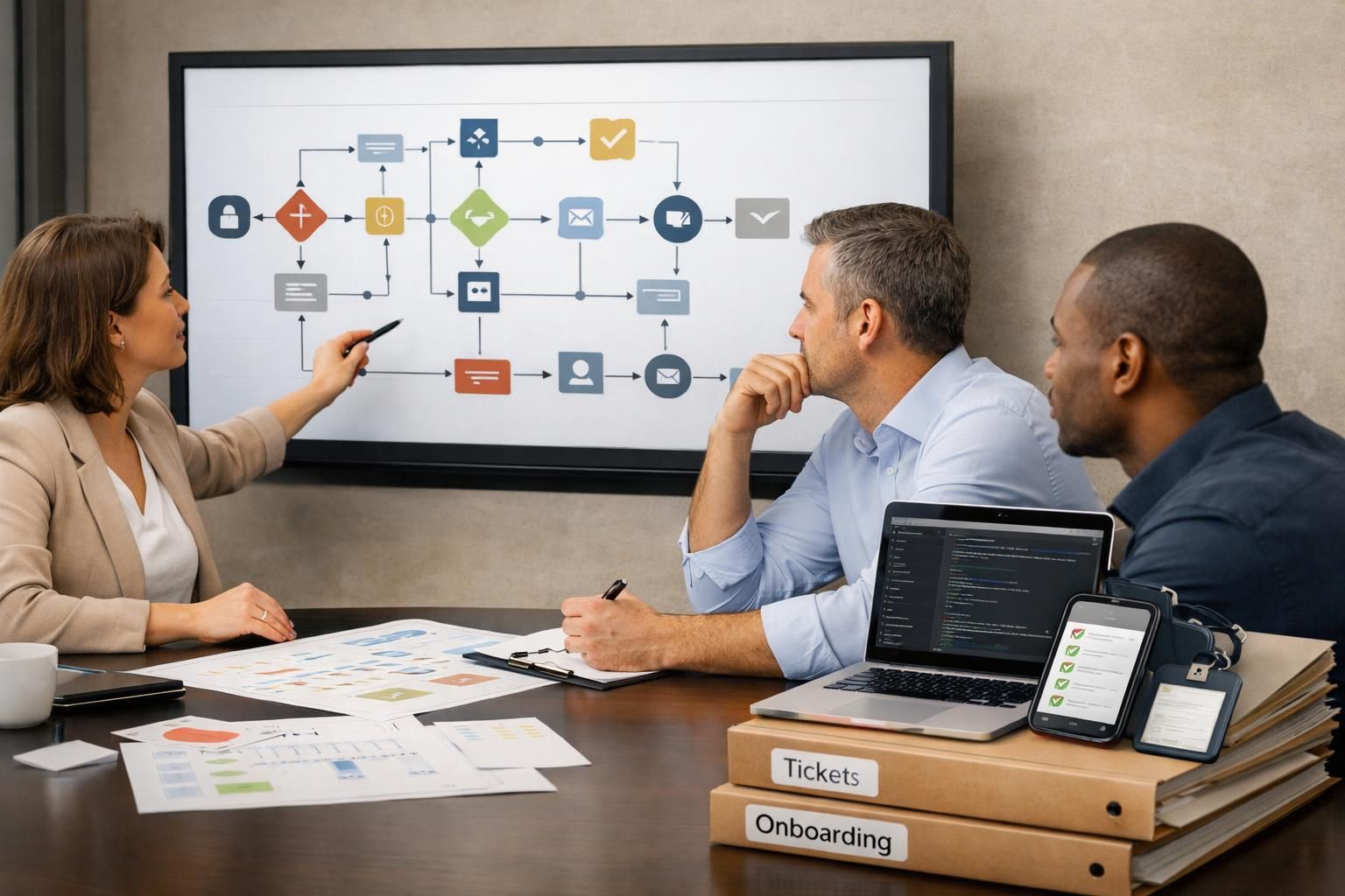 IT and operations staff mapping workflow bottlenecks and approval steps on a whiteboard.